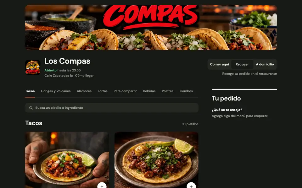 Menú de Los Compas en computadora, con platillos de taco, precios y el carrito de pedido